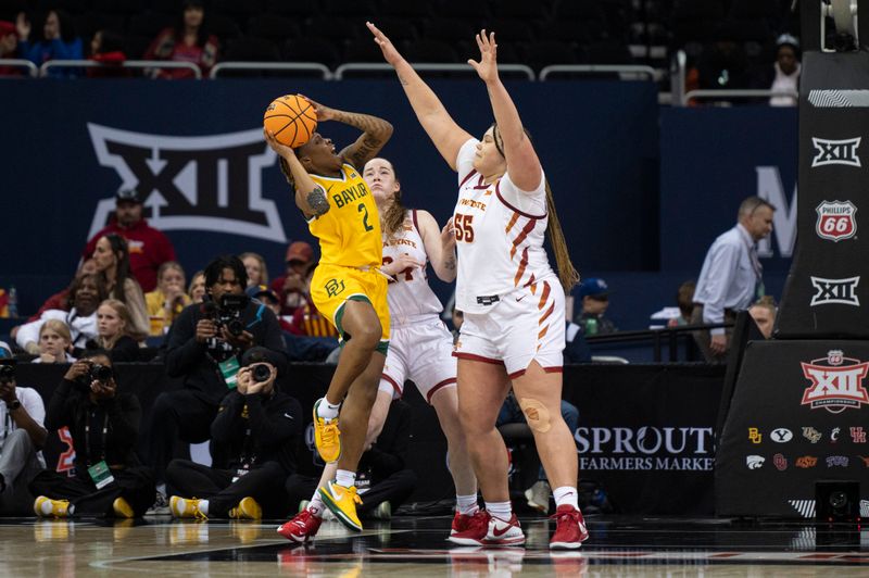 Mar 9, 2024; Kansas City, MO, USA; Baylor Lady Bears guard Yaya Felder (2) shoots the ball while defended by Iowa State Cyclones center Audi Crooks (55) and forward Addy Brown (24) during the second half at T-Mobile Center. Mandatory Credit: Amy Kontras-USA TODAY Sports