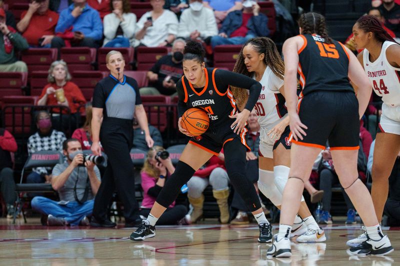 Jan 27, 2023; Stanford, California, USA; Stanford Cardinal guard Haley Jones (30) guards Oregon State Beavers forward Timea Gardiner (30) during the first quarter at Maples Pavilion. Mandatory Credit: Neville E. Guard-USA TODAY Sports