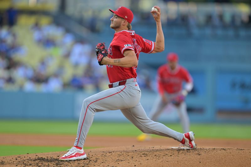 Mar 24, 2026; Los Angeles, California, USA; Los Angeles Angels pitcher Jack Kochanowicz (41) delivers to the plate during the second against the Los Angeles Dodgers at Dodger Stadium. Mandatory Credit: Jayne Kamin-Oncea-Imagn Images