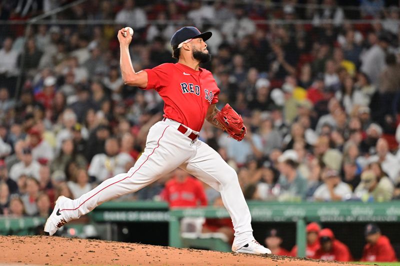 Sep 27, 2024; Boston, Massachusetts, USA; Boston Red Sox pitcher Luis Garcia (40) pitches against the Tampa Bay Rays during the ninth inning at Fenway Park. Mandatory Credit: Eric Canha-Imagn Images