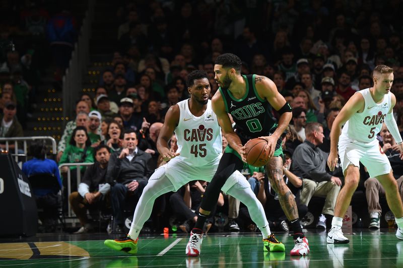 BOSTON, MA - NOVEMBER 19:  Donovan Mitchell #45 of the Cleveland Cavaliers plays defense during the game against the Boston Celtics  during the Emirates NBA Cup game on November 19, 2024 at TD Garden in Boston, Massachusetts. NOTE TO USER: User expressly acknowledges and agrees that, by downloading and/or using this Photograph, user is consenting to the terms and conditions of the Getty Images License Agreement. Mandatory Copyright Notice: Copyright 2024 NBAE (Photo by Brian Babineau/NBAE via Getty Images)