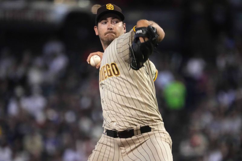 Aug 13, 2023; Phoenix, Arizona, USA; San Diego Padres starting pitcher Seth Lugo (67) pitches against the Arizona Diamondbacks during the third inning at Chase Field. Mandatory Credit: Joe Camporeale-USA TODAY Sports