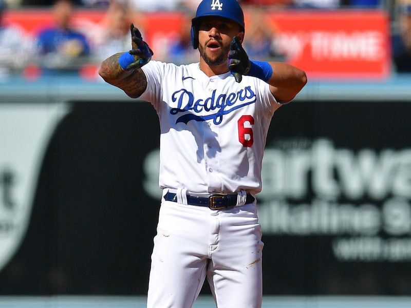 Jun 4, 2023; Los Angeles, California, USA; Los Angeles Dodgers left fielder David Peralta (6) reacts after reaching second on a double against the New York Yankees during the second inning at Dodger Stadium. Mandatory Credit: Gary A. Vasquez-USA TODAY Sports