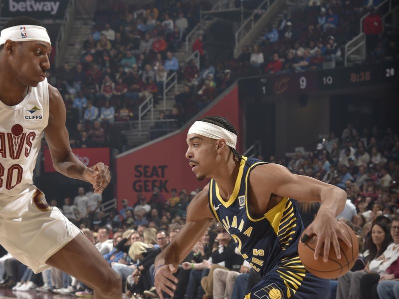 CLEVELAND, OH - APRIL 13: Andrew Nembhard #2 of the Indiana Pacers dribbles the ball during the game against the Cleveland Cavaliers on April 13, 2025 at Rocket Arena in Cleveland, Ohio. NOTE TO USER: User expressly acknowledges and agrees that, by downloading and/or using this Photograph, user is consenting to the terms and conditions of the Getty Images License Agreement. Mandatory Copyright Notice: Copyright 2025 NBAE (Photo by David Liam Kyle/NBAE via Getty Images)