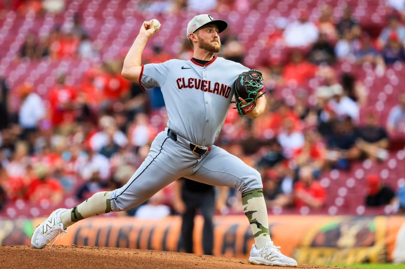 May 16, 2025; Cincinnati, Ohio, USA; Cleveland Guardians starting pitcher Tanner Bibee (28) pitches against the Cincinnati Reds in the first inning at Great American Ball Park. Mandatory Credit: Katie Stratman-Imagn Images
