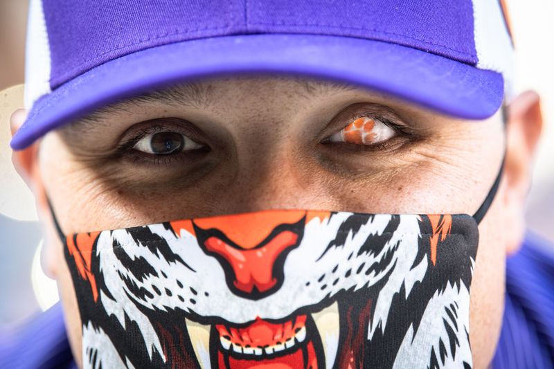 Nov 28, 2020; Clemson, SC, USA; Clemson fan Scott Casimiro with a glass eye sporting the Clemson tiger paw, before the game against Pittsburgh at Memorial Stadium. Mandatory Credit: Ken Ruinard-USA TODAY Sports