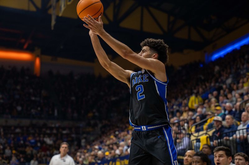 Jan 14, 2026; Berkeley, California, USA; Duke Blue Devils guard Cayden Boozer (2) makes a three point basket against the California Golden Bears during the first half at Haas Pavilion. Mandatory Credit: Neville E. Guard-Imagn Images