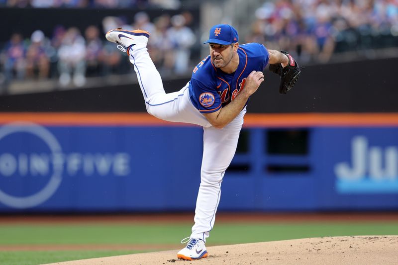 Jun 26, 2023; New York City, New York, USA; New York Mets starting pitcher Justin Verlander (35) follows through on a pitch against the Milwaukee Brewers during the first inning at Citi Field. Mandatory Credit: Brad Penner-USA TODAY Sports