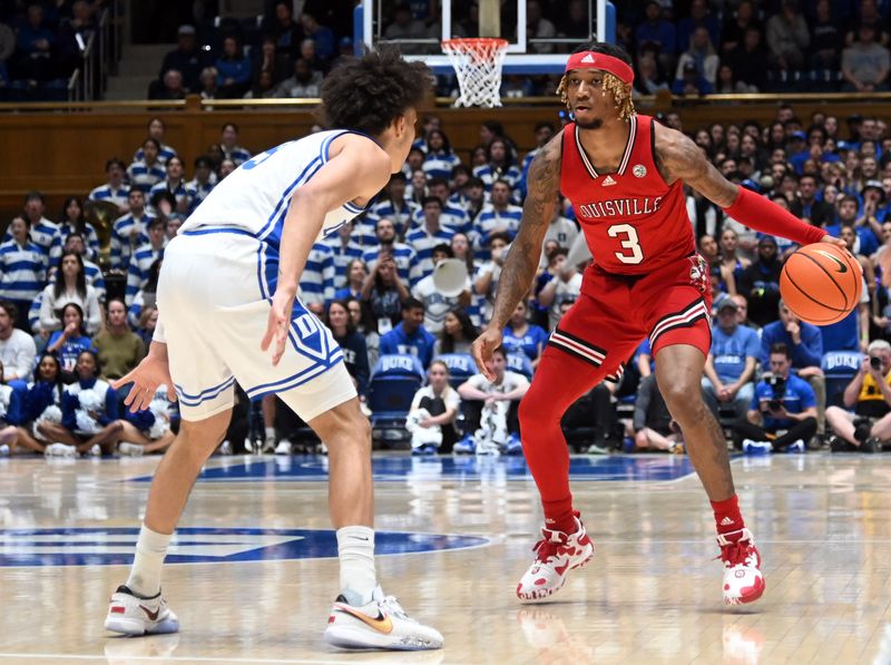 Feb 20, 2023; Durham, North Carolina, USA; Louisville Cardinals guard El Ellis (3) controls the ball in front of Duke Blue Devils guard Tyrese Proctor(5) during the first half at Cameron Indoor Stadium. Mandatory Credit: Rob Kinnan-USA TODAY Sports