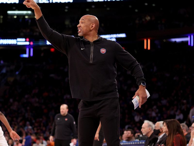 NEW YORK, NEW YORK - FEBRUARY 26: Head coach Monty Williams of the Detroit Pistons reacts during the fourth quarter annat Madison Square Garden on February 26, 2024 in New York City. The New York Knicks defeated the Detroit Pistons 113-111. NOTE TO USER: User expressly acknowledges and agrees that, by downloading and or using this photograph, User is consenting to the terms and conditions of the Getty Images License Agreement. (Photo by Elsa/Getty Images)