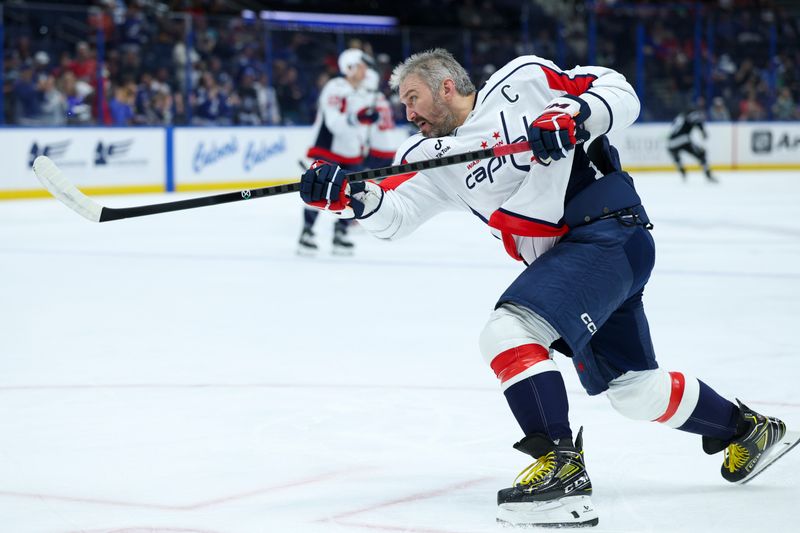 Nov 8, 2025; Tampa, Florida, USA; Washington Capitals left wing Alex Ovechkin (8) warms up before a game against the Tampa Bay Lightning at Benchmark International Arena. Mandatory Credit: Nathan Ray Seebeck-Imagn Images