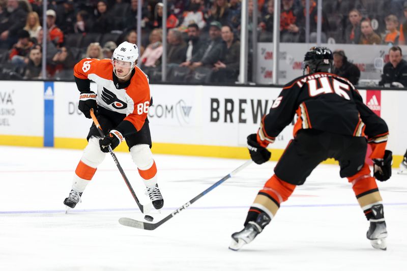 Nov 10, 2023; Anaheim, California, USA; Philadelphia Flyers left wing Joel Farabee (86) passes the puck during the first period against the Anaheim Ducks at Honda Center. Mandatory Credit: Kiyoshi Mio-USA TODAY Sports