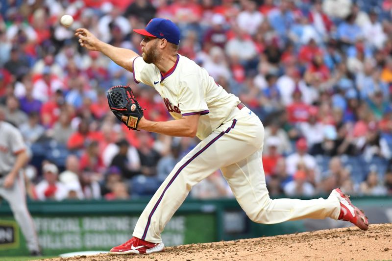 May 6, 2024; Philadelphia, Pennsylvania, USA; Philadelphia Phillies pitcher Zack Wheeler (45) throws a pitch against the San Francisco Giants during the seventh inning at Citizens Bank Park. Mandatory Credit: Eric Hartline-USA TODAY Sports