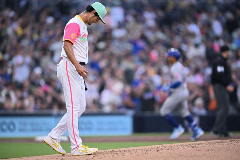 Jul 7, 2023; San Diego, California, USA; New York Mets shortstop Francisco Lindor (right) rounds the bases after hitting a home run as San Diego Padres starting pitcher Yu Darvish (left) looks on during the third inning at Petco Park. Mandatory Credit: Orlando Ramirez-USA TODAY Sports