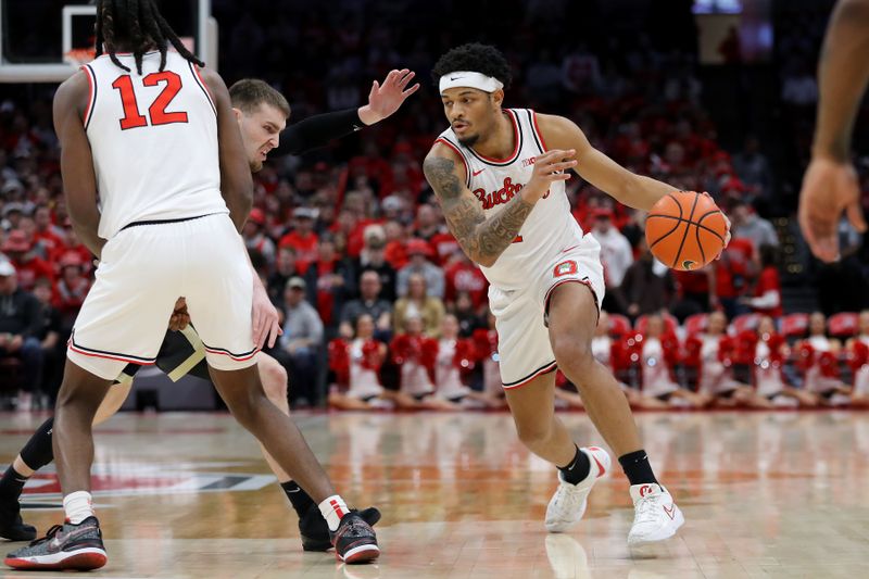 Feb 18, 2024; Columbus, Ohio, USA;  Ohio State Buckeyes guard Roddy Gayle Jr. (1) dribbles the ball during the second half against the Purdue Boilermakers at Value City Arena. Mandatory Credit: Joseph Maiorana-USA TODAY Sports