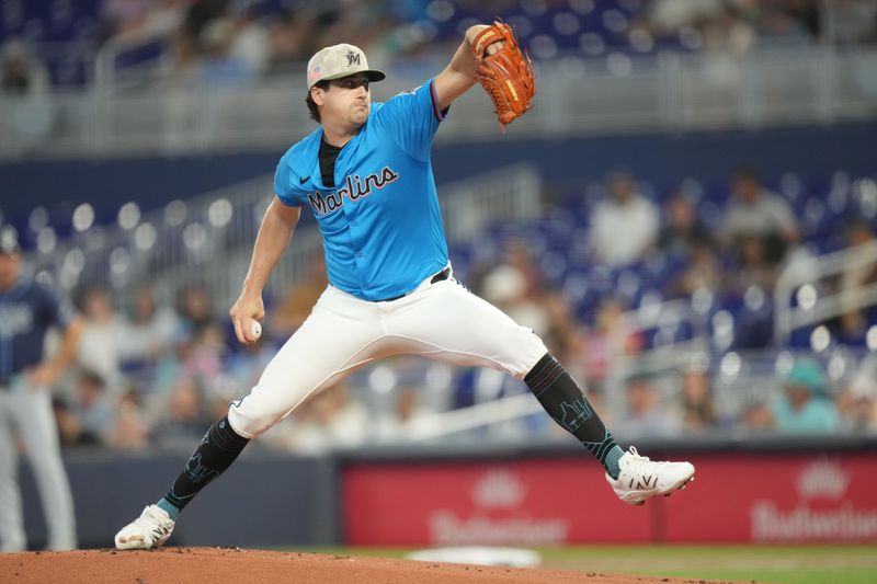 May 18, 2025; Miami, Florida, USA;  Miami Marlins pitcher Cal Quantrill (47) pitches against the Tampa Bay Rays in the first inning at loanDepot Park. Mandatory Credit: Jim Rassol-Imagn Images