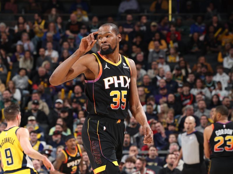 INDIANAPOLIS, IN - JANUARY 26:  Kevin Durant #35 of the Phoenix Suns looks on during the game against the Indiana Pacers on January 26, 2024 at Gainbridge Fieldhouse in Indianapolis, Indiana. NOTE TO USER: User expressly acknowledges and agrees that, by downloading and or using this Photograph, user is consenting to the terms and conditions of the Getty Images License Agreement. Mandatory Copyright Notice: Copyright 2024 NBAE (Photo by Jeff Haynes/NBAE via Getty Images)