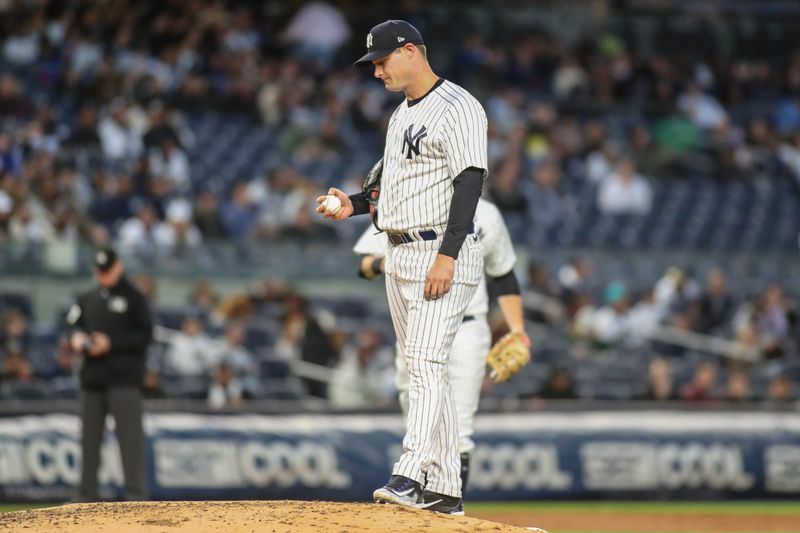 May 2, 2023; Bronx, New York, USA;  New York Yankees starting pitcher Gerrit Cole (45) stands on the mound after loading the bases in the third inning against the Cleveland Guardians at Yankee Stadium. Mandatory Credit: Wendell Cruz-USA TODAY Sports