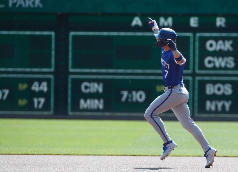 Sep 14, 2024; Pittsburgh, Pennsylvania, USA;  Kansas City Royals shortstop Bobby Witt Jr. (7) circles the bases after hitting a solo home run against the Pittsburgh Pirates during the first inning at PNC Park. Mandatory Credit: Charles LeClaire-Imagn Images