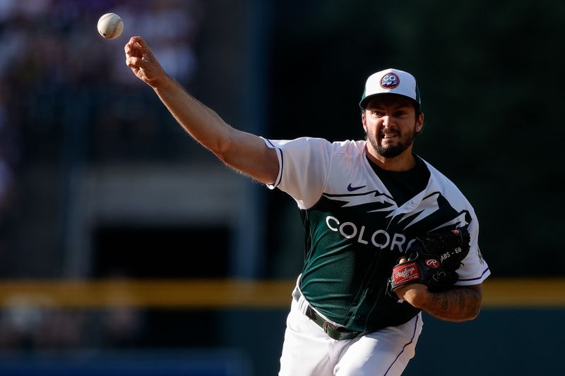 Jul 15, 2023; Denver, Colorado, USA; Colorado Rockies starting pitcher Connor Seabold (43) pitches in the first inning against the New York Yankees at Coors Field. Mandatory Credit: Isaiah J. Downing-USA TODAY Sports