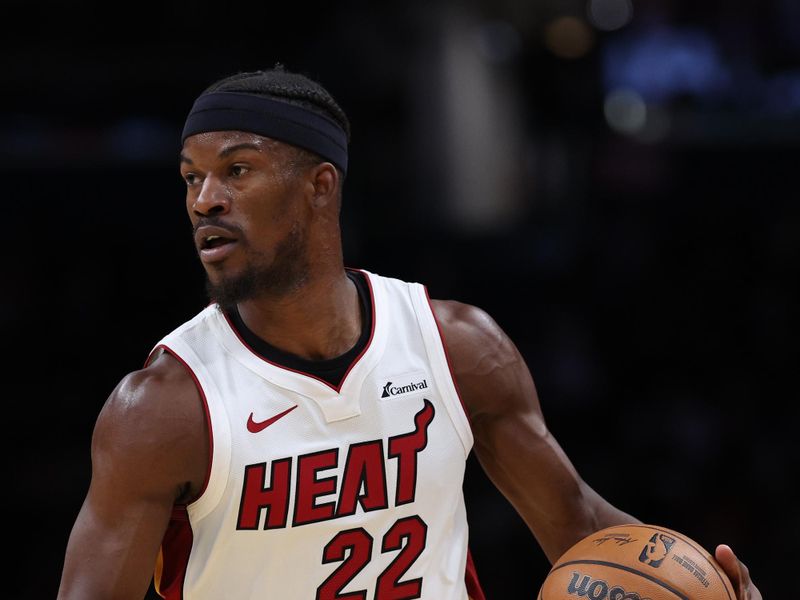 WASHINGTON, DC - FEBRUARY 02: Jimmy Butler #22 of the Miami Heat dribbles the ball against the Washington Wizards at Capital One Arena on February 2, 2024 in Washington, DC. NOTE TO USER: User expressly acknowledges and agrees that, by downloading and or using this photograph, User is consenting to the terms and conditions of the Getty Images License Agreement. (Photo by Patrick Smith/Getty Images)