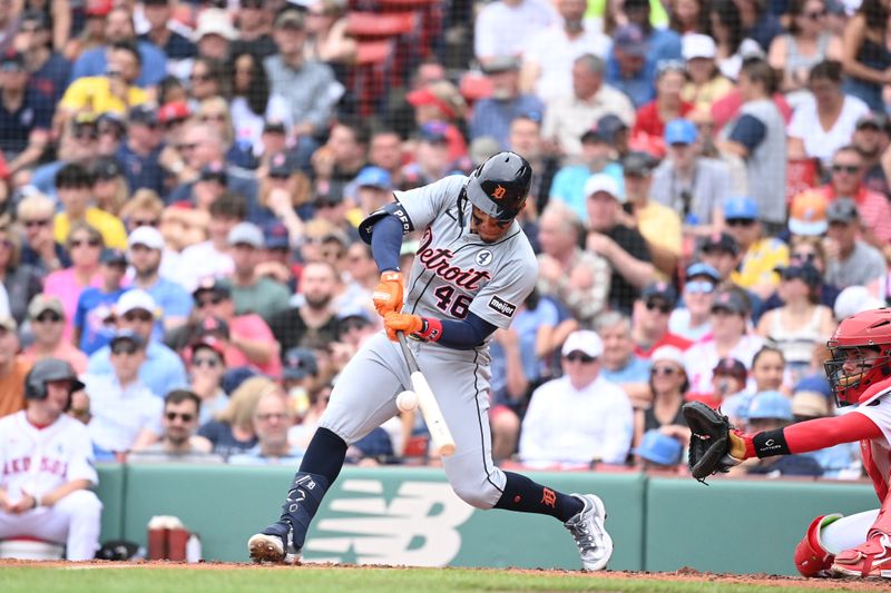 Jun 2, 2024; Boston, Massachusetts, USA;  Detroit Tigers right fielder Wenceel Perez (46) hits a single against the Boston Red Sox during the fourth inning at Fenway Park. Mandatory Credit: Eric Canha-USA TODAY Sports