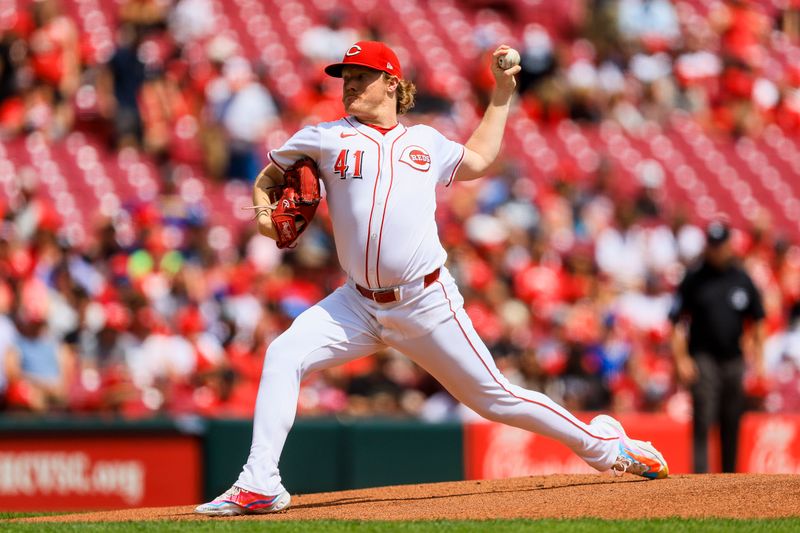 Aug 18, 2024; Cincinnati, Ohio, USA; Cincinnati Reds starting pitcher Andrew Abbott (41) pitches against the Kansas City Royals in the first inning at Great American Ball Park. Mandatory Credit: Katie Stratman-USA TODAY Sports