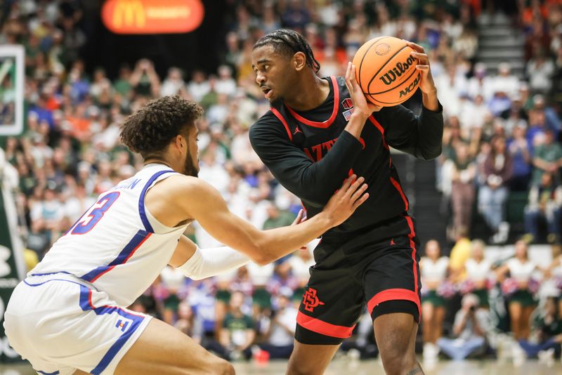 Jan 30, 2024; Fort Collins, Colorado, USA; San Diego State Aztecs guard Reese Waters (14) looks to pass against Colorado State Rams guard Javonte Johnson (13) in the first half at Moby Arena. Mandatory Credit: Chet Strange-USA TODAY Sports