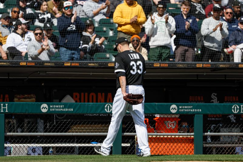 Apr 6, 2023; Chicago, Illinois, USA; Chicago White Sox starting pitcher Lance Lynn (33) leaves the game against the San Francisco Giants during the fifth inning at Guaranteed Rate Field. Mandatory Credit: Kamil Krzaczynski-USA TODAY Sports