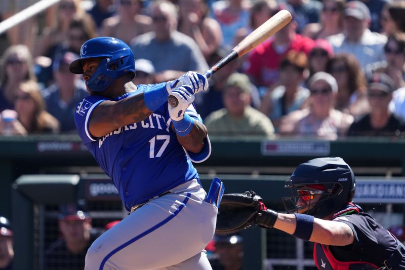 Mar 2, 2024; Goodyear, Arizona, USA; Kansas City Royals right fielder Nelson Velazquez (17) bats against the Cleveland Guardians during the first inning at Goodyear Ballpark. Mandatory Credit: Joe Camporeale-USA TODAY Sports