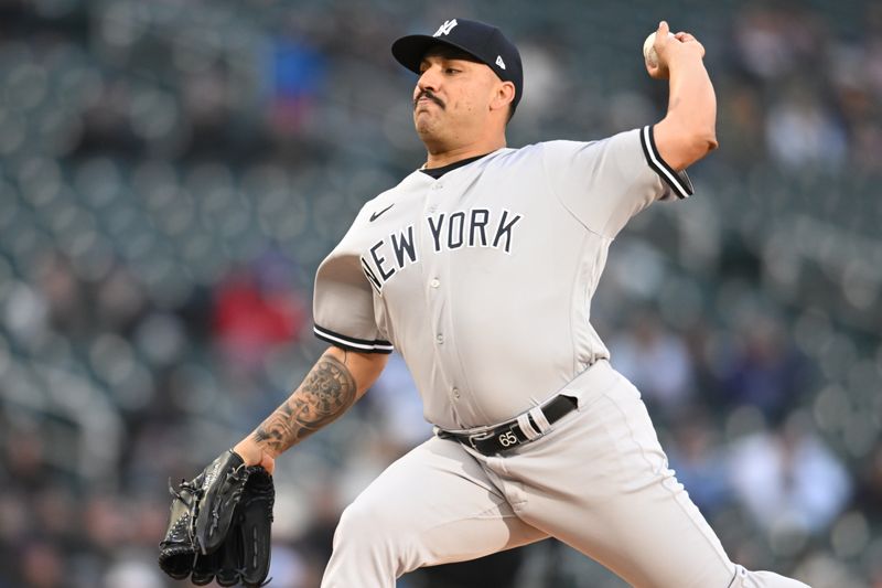 Apr 25, 2023; Minneapolis, Minnesota, USA; New York Yankees starting pitcher Nestor Cortes (65) throws a pitch against the Minnesota Twins during the first inning at Target Field. Mandatory Credit: Jeffrey Becker-USA TODAY Sports