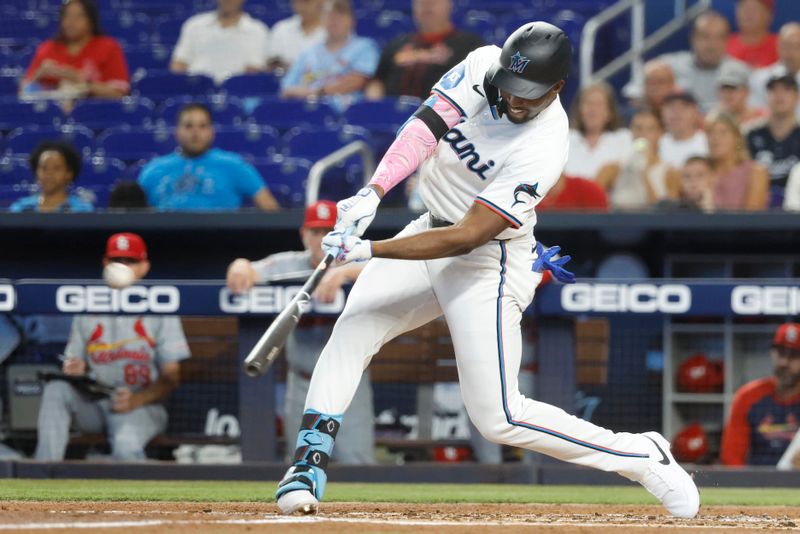 Jun 18, 2024; Miami, Florida, USA; Miami Marlins right fielder Jesus Sanchez (12) hits a three run home run against the St. Louis Cardinals in the first inning at loanDepot Park. Mandatory Credit: Rhona Wise-USA TODAY Sports