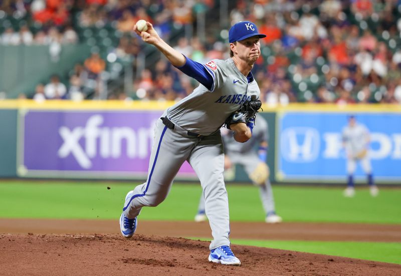 Aug 29, 2024; Houston, Texas, USA; Kansas City Royals starting pitcher Brady Singer (51) pitches against the Houston Astros in the second inning at Minute Maid Park. Mandatory Credit: Thomas Shea-USA TODAY Sports