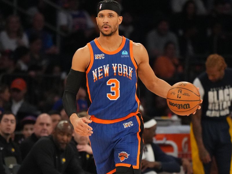 NEW YORK, NY - FEBRUARY 10: Josh Hart #3 of the New York Knicks dribbles the ball during the game against the Indiana Pacers on February 10, 2024 at Madison Square Garden in New York City, New York.  NOTE TO USER: User expressly acknowledges and agrees that, by downloading and or using this photograph, User is consenting to the terms and conditions of the Getty Images License Agreement. Mandatory Copyright Notice: Copyright 2024 NBAE  (Photo by Jesse D. Garrabrant/NBAE via Getty Images)