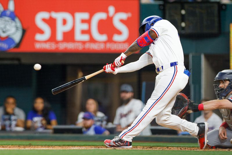 May 15, 2024; Arlington, Texas, USA; Texas Rangers outfielder Adolis García (53) hits a two-run home run during the sixth inning against the Cleveland Guardians at Globe Life Field. Mandatory Credit: Andrew Dieb-USA TODAY Sports