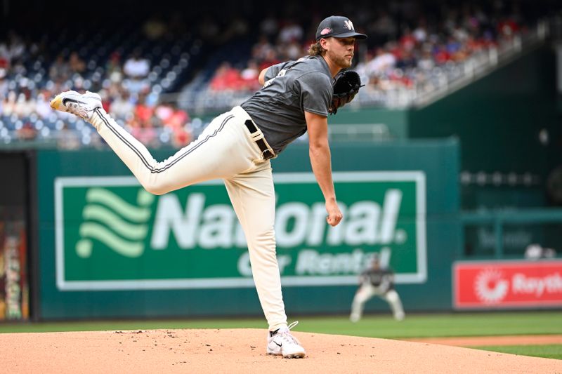 Jul 8, 2023; Washington, District of Columbia, USA; Washington Nationals starting pitcher Jake Irvin (74) throws to the Texas Rangers during the first inning at Nationals Park. Mandatory Credit: Brad Mills-USA TODAY Sports