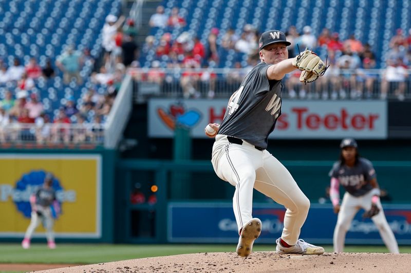 Jun 15, 2024; Washington, District of Columbia, USA; Washington Nationals starting pitcher DJ Herz (74) pitches against the Miami Marlins during the second inning at Nationals Park. Mandatory Credit: Geoff Burke-USA TODAY Sports