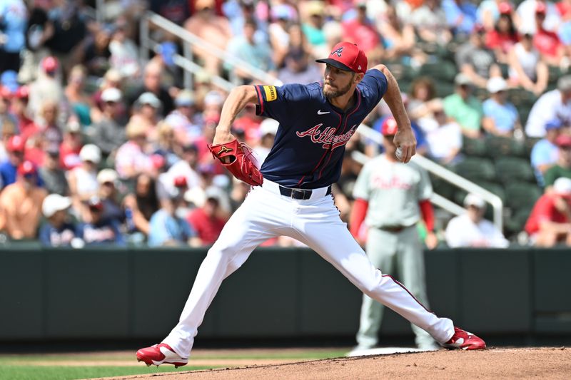 Mar 3, 2024; North Port, Florida, USA; Atlanta Braves pitcher Chris Sale (51) throws a pitch in the first inning of the spring training game against the Philadelphia Phillies   at CoolToday Park. Mandatory Credit: Jonathan Dyer-USA TODAY Sports