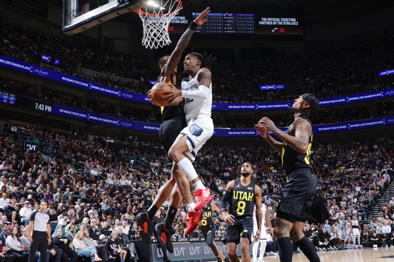 SALT LAKE CITY, UT - OCTOBER 23: Ja Morant #12 of the Memphis Grizzlies drives to the basket during the game against the Utah Jazz on OCTOBER 23, 2024 at vivint.SmartHome Arena in Salt Lake City, Utah. NOTE TO USER: User expressly acknowledges and agrees that, by downloading and or using this Photograph, User is consenting to the terms and conditions of the Getty Images License Agreement. Mandatory Copyright Notice: Copyright 2024 NBAE (Photo by Melissa Majchrzak/NBAE via Getty Images)