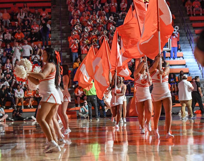 Feb 22, 2023; Clemson, South Carolina, USA; Clemson cheerleaders perform during a break of action against Syracuse during the second half at Littlejohn Coliseum. Mandatory Credit: Ken Ruinard-USA TODAY Sports