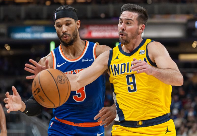 INDIANAPOLIS, INDIANA - NOVEMBER 10: Josh Hart #3 of the New York Knicks and T.J. McConnell #9 of the Indiana Pacers reach for the ball during the game at Gainbridge Fieldhouse on November 10, 2024 in Indianapolis, Indiana. NOTE TO USER: User expressly acknowledges and agrees that, by downloading and or using this photograph, User is consenting to the terms and conditions of the Getty Images License Agreement. (Photo by Michael Hickey/Getty Images)