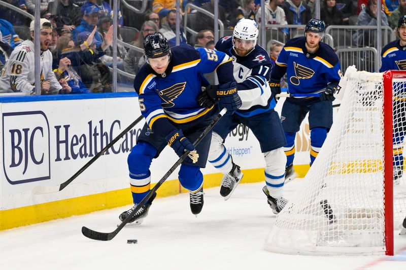 Dec 17, 2025; St. Louis, Missouri, USA; St. Louis Blues defenseman Colton Parayko (55) controls the puck as Winnipeg Jets center Adam Lowry (17) defends during the third period at Enterprise Center. Mandatory Credit: Jeff Curry-Imagn Images