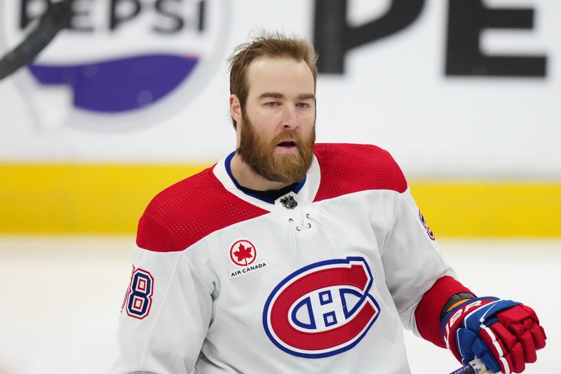 Mar 26, 2024; Denver, Colorado, USA; Montreal Canadiens defenseman David Savard (58) before the game against the Colorado Avalanche at Ball Arena. Mandatory Credit: Ron Chenoy-USA TODAY Sports