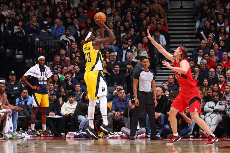 TORONTO, CANADA - FEBRUARY 14: Pascal Siakam #43 of the Indiana Pacers shoots the ball during the game against the Toronto Raptors on February 14, 2024 at the Scotiabank Arena in Toronto, Ontario, Canada.  NOTE TO USER: User expressly acknowledges and agrees that, by downloading and or using this Photograph, user is consenting to the terms and conditions of the Getty Images License Agreement.  Mandatory Copyright Notice: Copyright 2024 NBAE (Photo by Vaughn Ridley/NBAE via Getty Images)