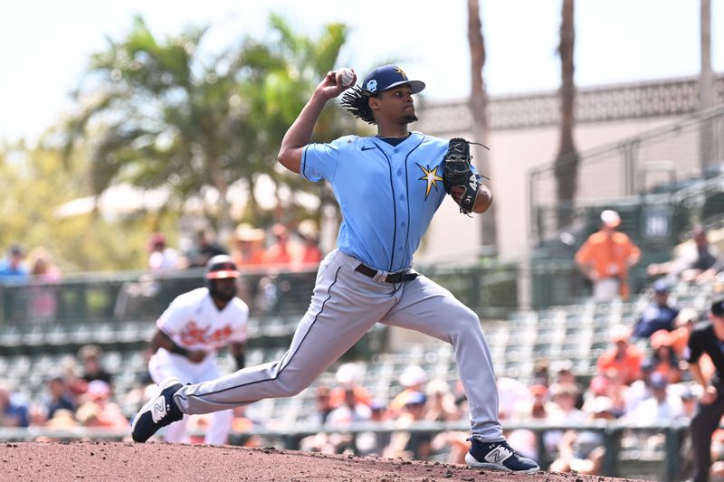 Feb 27, 2023; Sarasota, Florida, USA; Tampa Bay Rays pitcher Elvin Rodriguez (88) throws a pitch in the first inning against the Baltimore Orioles at Ed Smith Stadium. Mandatory Credit: Jonathan Dyer-USA TODAY Sports