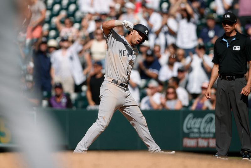 Jul 16, 2023; Denver, Colorado, USA; New York Yankees third baseman Oswald Peraza (91) reacts after hitting an RBI single in the eleventh inning against the Colorado Rockies at Coors Field. Mandatory Credit: Isaiah J. Downing-USA TODAY Sports