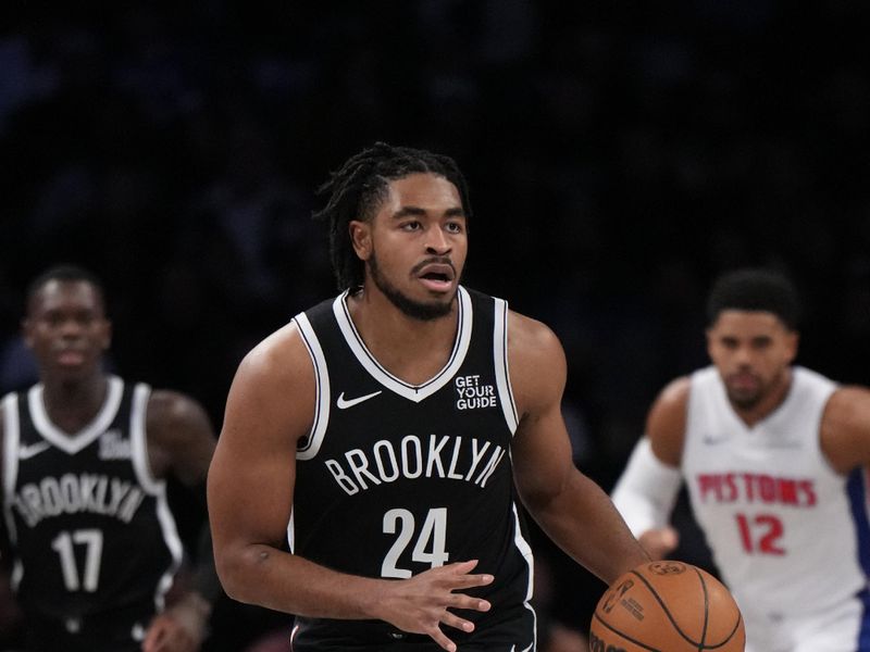 BROOKLYN, NY - NOVEMBER 3: Cam Thomas #24 of the Brooklyn Nets dribbles the ball during the game against the Detroit Pistons on November 3, 2024 at Barclays Center in Brooklyn, New York. NOTE TO USER: User expressly acknowledges and agrees that, by downloading and or using this Photograph, user is consenting to the terms and conditions of the Getty Images License Agreement. Mandatory Copyright Notice: Copyright 2024 NBAE (Photo by Jesse D. Garrabrant/NBAE via Getty Images)