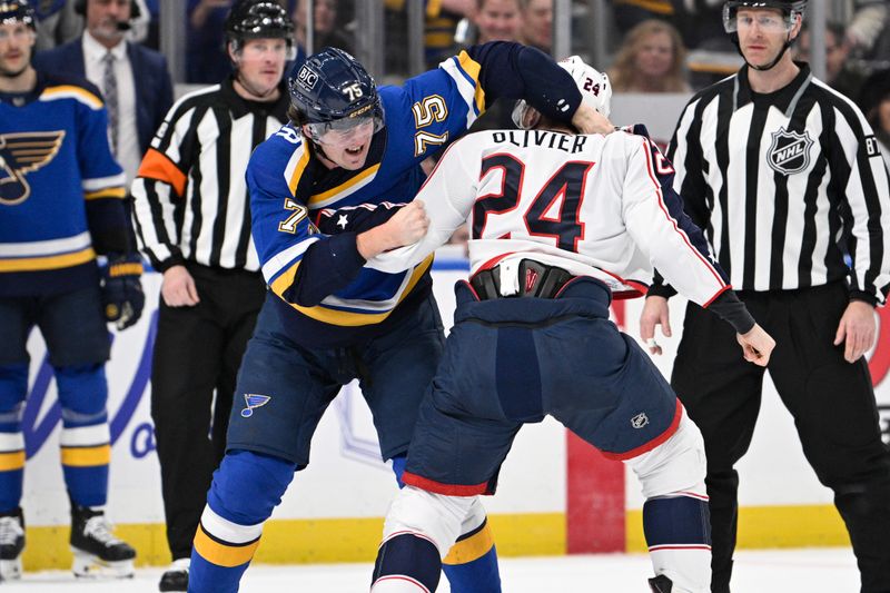 Jan 30, 2024; St. Louis, Missouri, USA; Columbus Blue Jackets right wing Mathieu Olivier (24) fights St. Louis Blues defenseman Tyler Tucker (75) during the second period at Enterprise Center. Mandatory Credit: Jeff Le-USA TODAY Sports