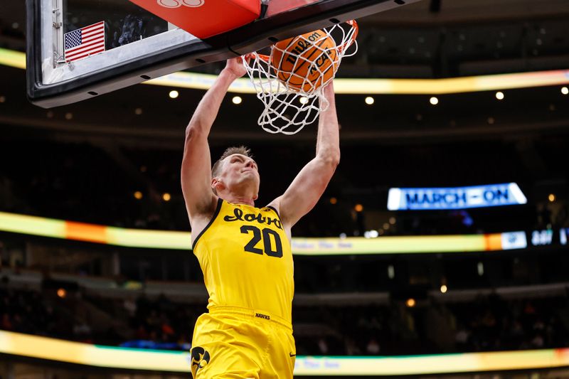 Mar 9, 2023; Chicago, IL, USA; Iowa Hawkeyes forward Payton Sandfort (20) scores against the Ohio State Buckeyes during the second half at United Center. Mandatory Credit: Kamil Krzaczynski-USA TODAY Sports