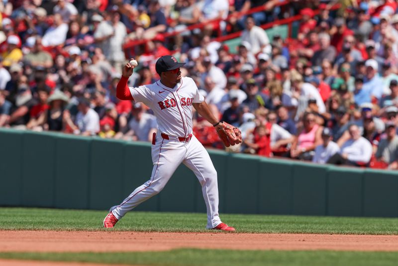 Jun 5, 2024; Boston, Massachusetts, USA; Boston Red Sox second baseman Enmanuel Valdez (47) throws to first during the fourth inning against the Atlanta Braves at Fenway Park. Mandatory Credit: Paul Rutherford-USA TODAY Sports